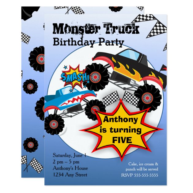 Monster Truck Kids Boys Birthday Party Invitation