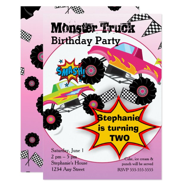 Monster Truck Kids Girls Birthday Party Invitation