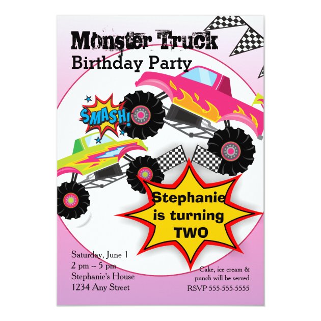 Monster Truck Kids Girls Birthday Party Invitation