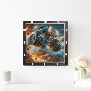 Monster Truck Leaping Amidst Explosions Square Wall Clock