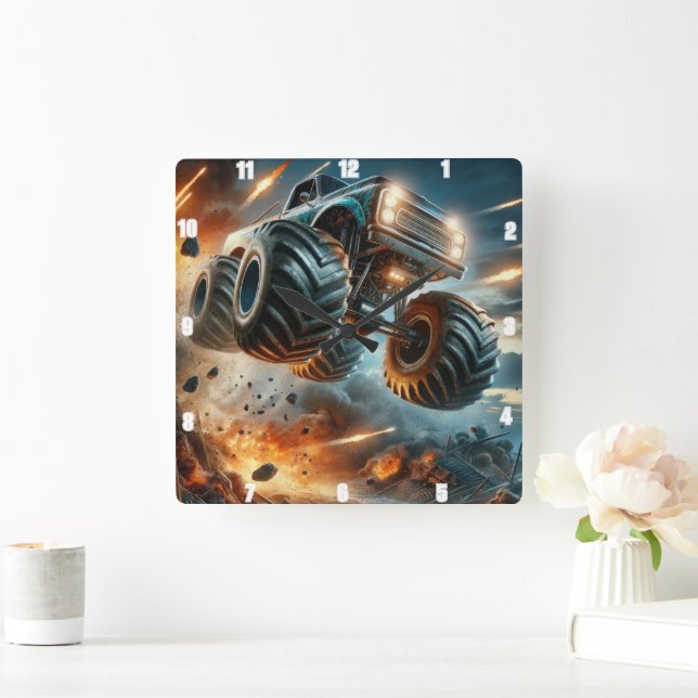 Monster Truck Leaping Amidst Explosions Square Wall Clock (Home)
