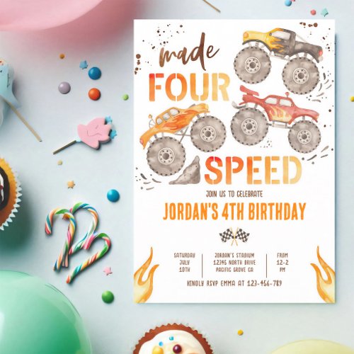 Monster Truck Made Four Speed 4th Birthday Invitation