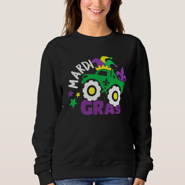 Monster Truck Mardi Gras Jester Hat Funny Carnival Sweatshirt (Front)