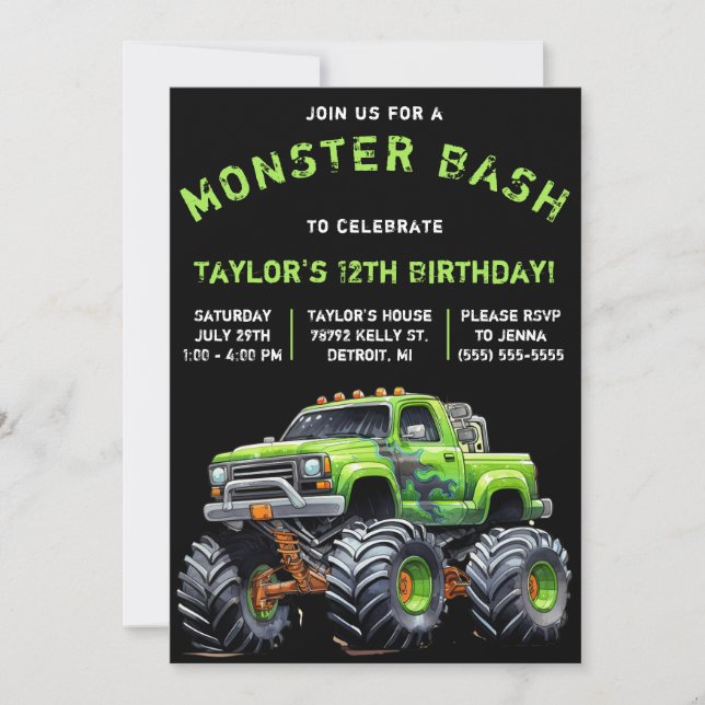 Monster Truck, Monster Bash Birthday Party Invitation (Front)