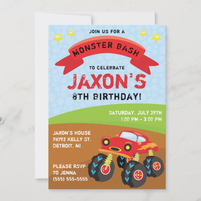 Monster Truck, Monster Bash Birthday Party Invitation (Front)