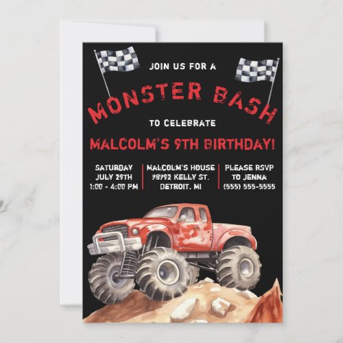 Monster Truck Monster Bash Birthday Party Invitation