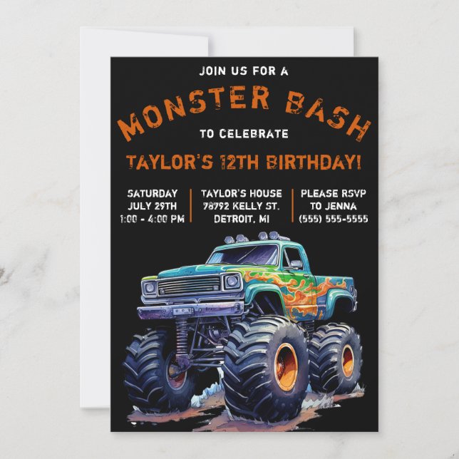 Monster Truck, Monster Bash Birthday Party Invitation (Front)