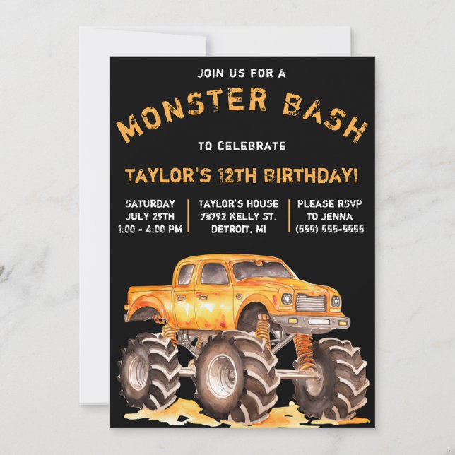Monster Truck, Monster Bash Birthday Party Invitation (Front)