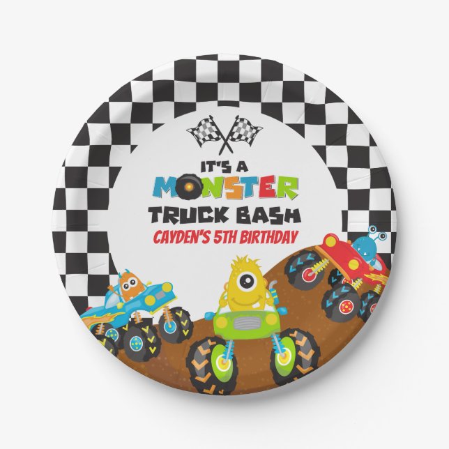 Monster Truck monsters birthday Paper Plates (Front)