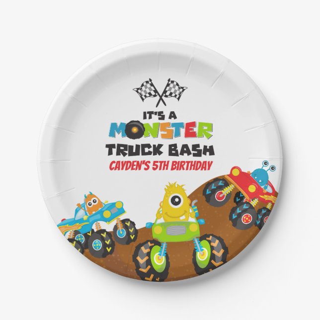 Monster Truck monsters birthday Paper Plates (Front)