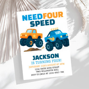 Monster Truck Need Four Speed Fourth Birthday Invitation