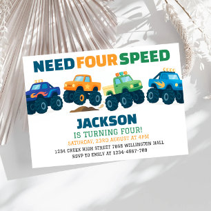 Monster Truck Need Four Speed Racing Birthday Invitation