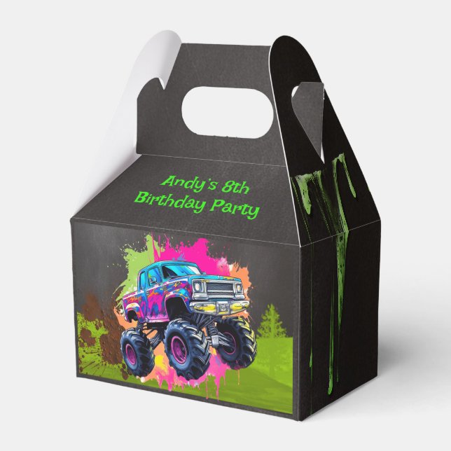 Monster Truck Neon Boy Birthday Party  Favor Boxes (Front Side)