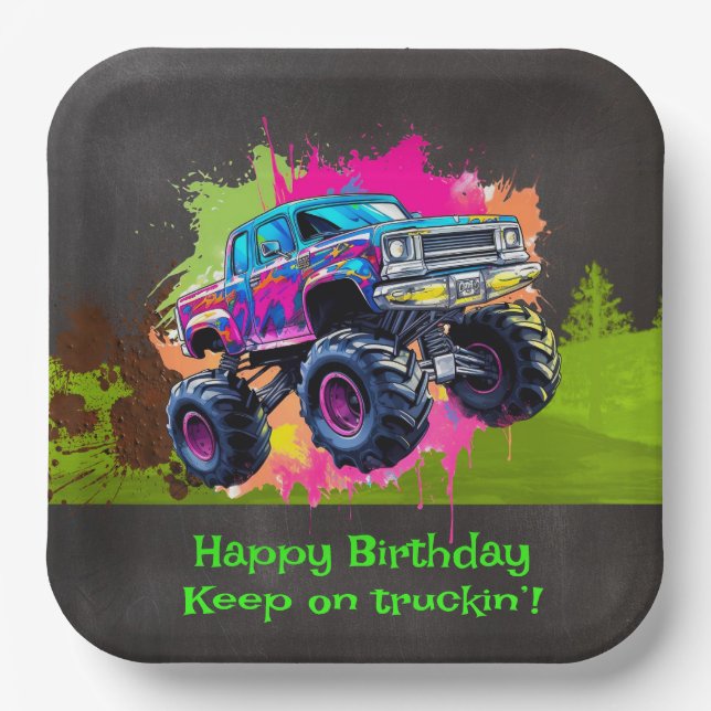 Monster Truck Neon Boy Birthday Party Paper Plates (Front)
