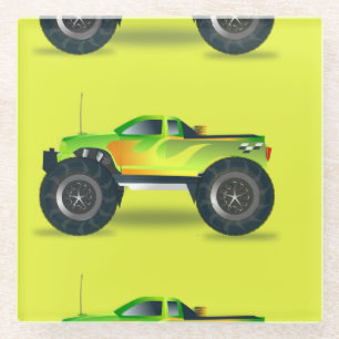 Monster truck on lime green glass coaster