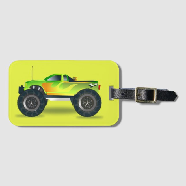 Monster truck on lime green luggage tag (Front Horizontal)