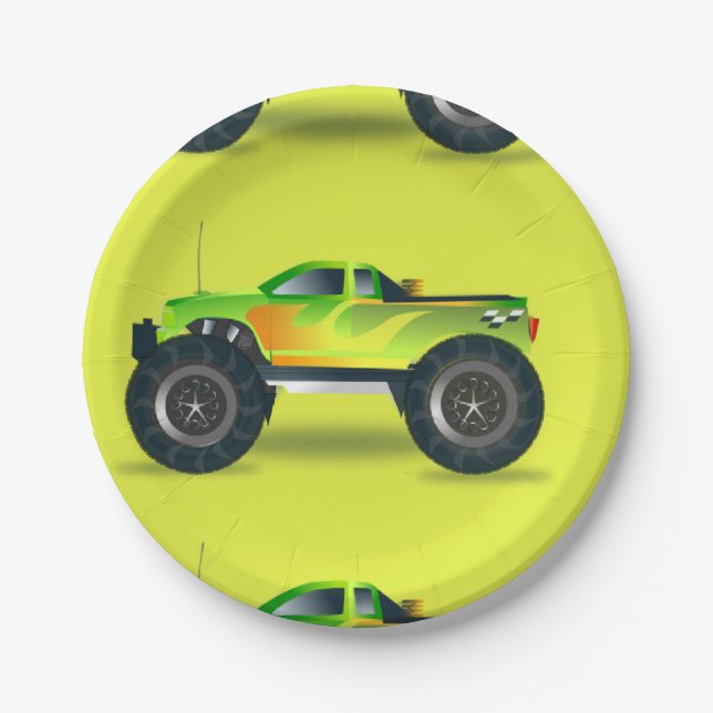 Monster truck on lime green paper plates (Front)