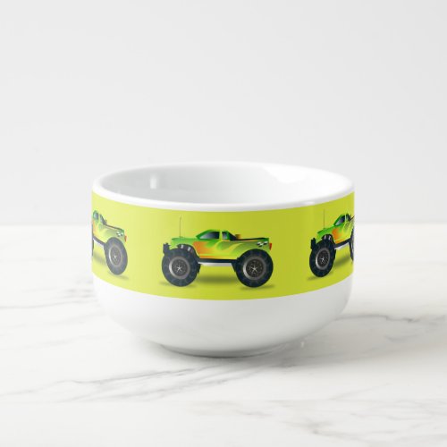 Monster truck on lime green soup mug