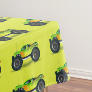 Monster truck on lime green tablecloth
