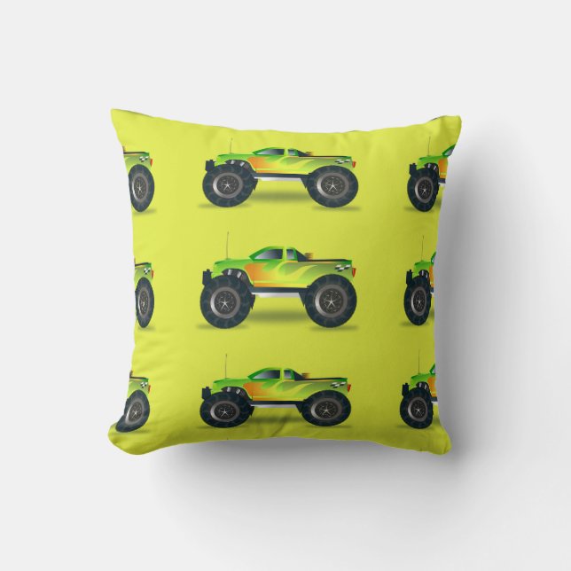 Monster truck on lime green throw pillow (Front)