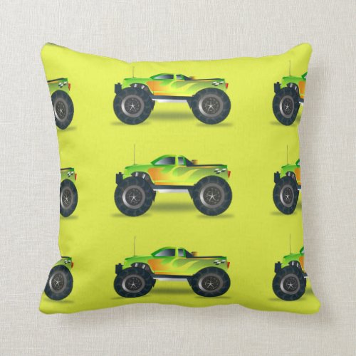 Monster truck on lime green throw pillow