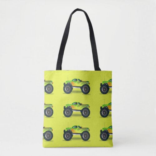 Monster truck on lime green tote bag