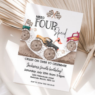 Monster Truck party Need FOUR speed 4th birthday Invitation