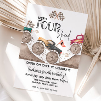Monster Truck party Need FOUR speed 4th birthday Invitation