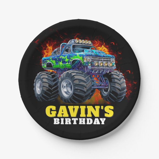 Monster Truck Personalized Birthday Party Paper Plates (Front)