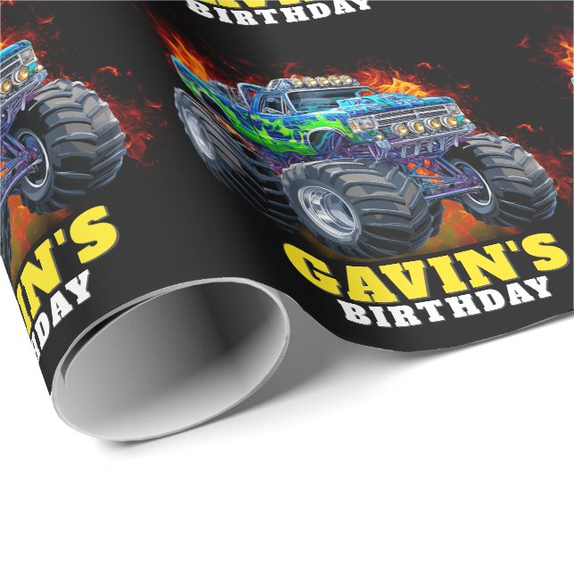 Monster Truck Personalized Birthday Party Wrapping Paper (Roll Corner)