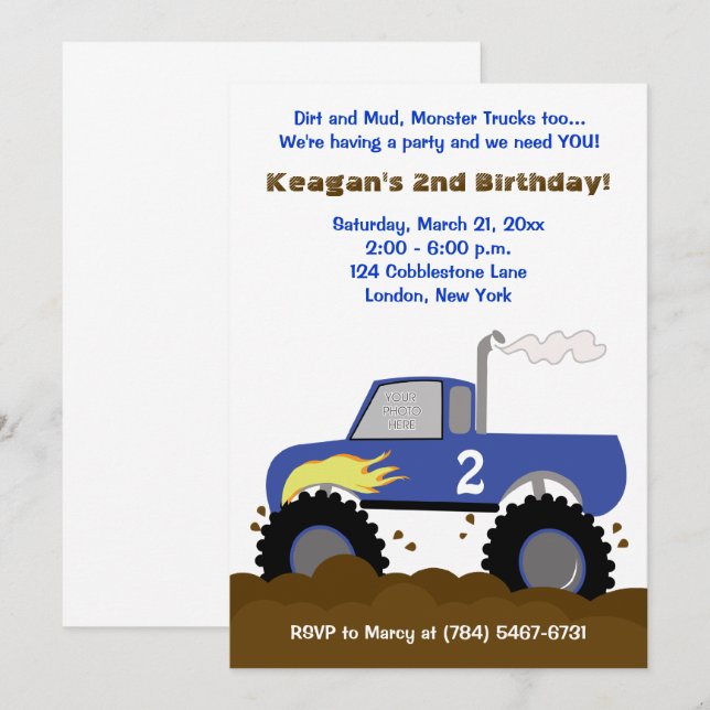 Monster Truck Photo Birthday Invitation (Blue) (Front/Back)