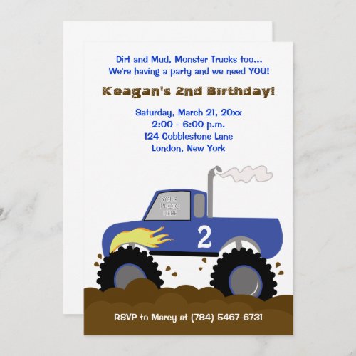 Monster Truck Photo Birthday Invitation Blue