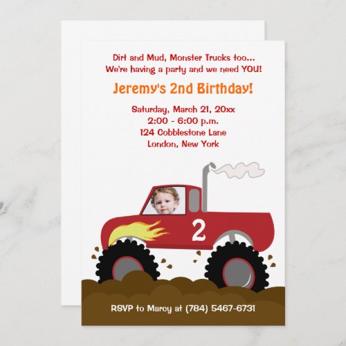 Monster Truck Photo Birthday Invitation Red