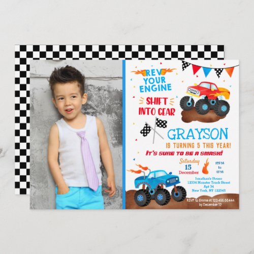 Monster Truck Photo Birthday Party Invitations