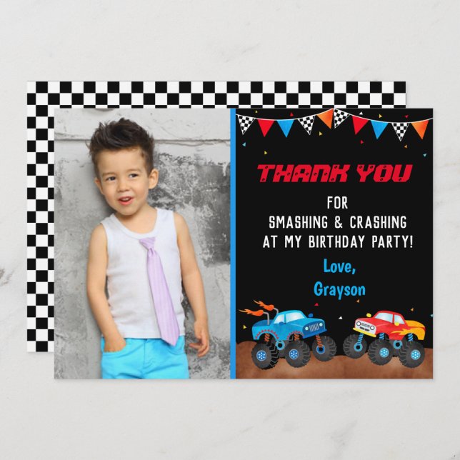 Monster Truck Photo Birthday Party Thank You Cards (Front/Back)