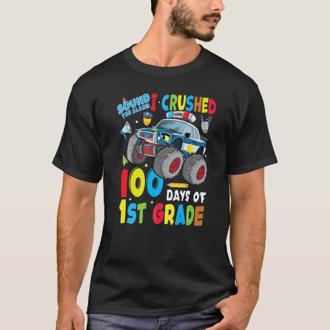 Monster Truck Police Car 100 Days Of School 1st Gr T-Shirt (Front)