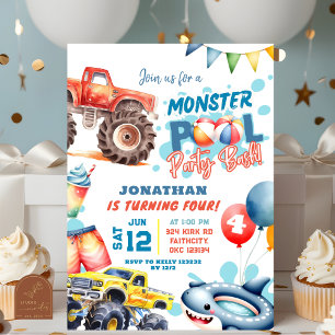 Monster Truck Pool Birthday Party  Invitation