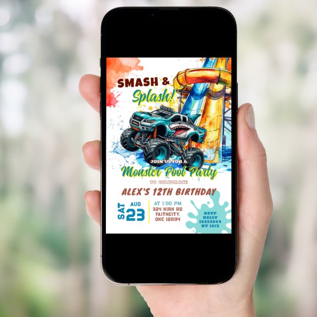 Monster Truck Pool Party Birthday Invitation (Front Digital)