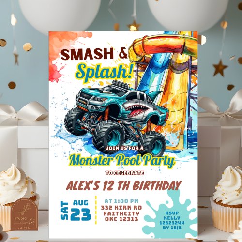 Monster Truck Pool Party Birthday Invitation