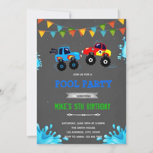 Monster truck pool party invitation