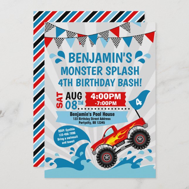 Monster Truck Pool Party Summer Birthday Invitation (Front/Back)