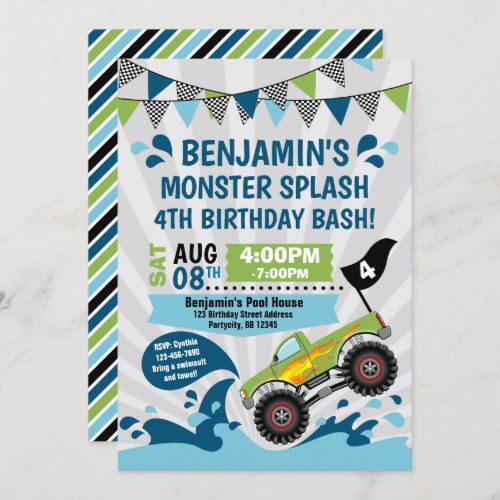 Monster Truck Pool Party Summer Birthday Invitation