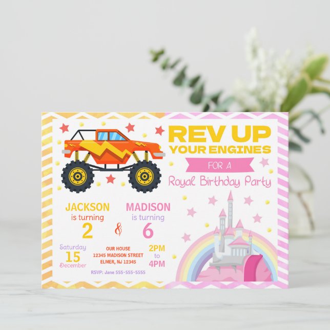 Monster Truck & Princess Joint Birthday Invitation (Standing Front)