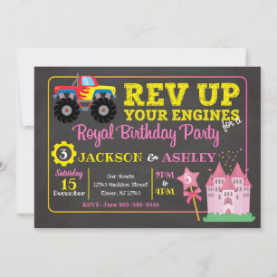 Monster Truck & Princess Siblings Joint Birthday Invitation