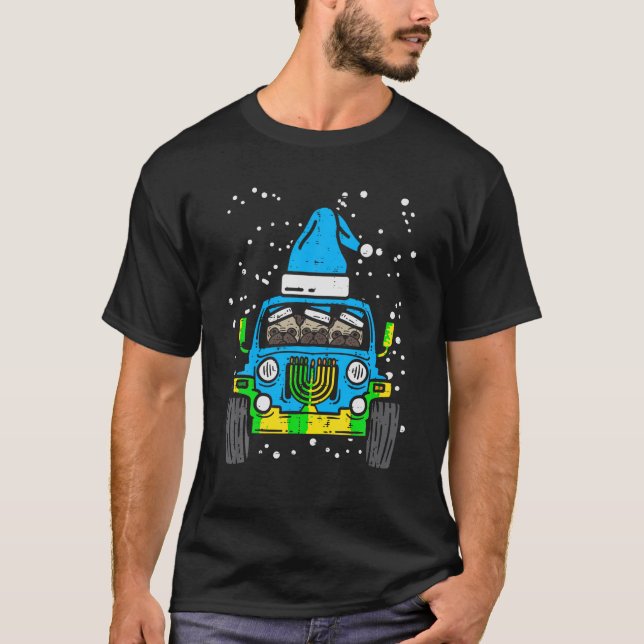 Monster Truck Pugs Dog Menorah Jewish Hanukkah Cha T-Shirt (Front)
