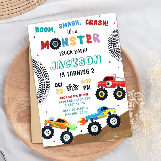 Monster Truck Racing Car Kids Birthday Invitation | Zazzle