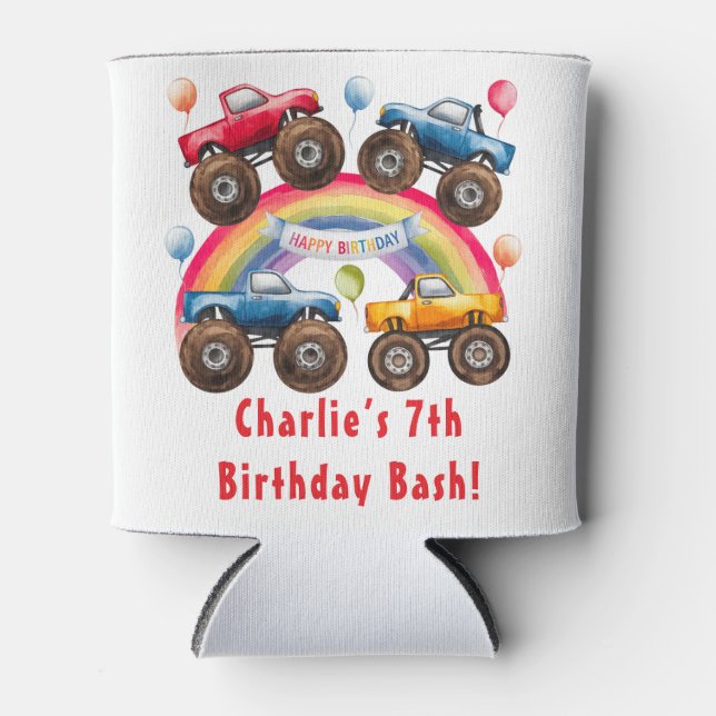Monster Truck Rainbow Boy Birthday Bash Favor Can Cooler (Front)