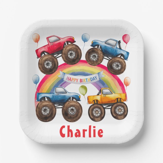 Monster Truck Rainbow Boy Birthday Bash Paper Plates (Front)