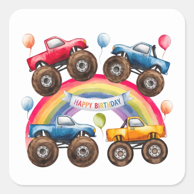 Monster Truck Rainbow Boy Birthday Bash Square Sticker (Front)