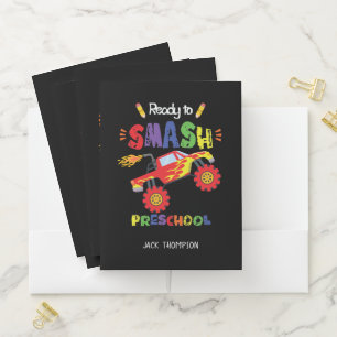 Monster Truck Ready to Smash Preschool First Day   Pocket Folder